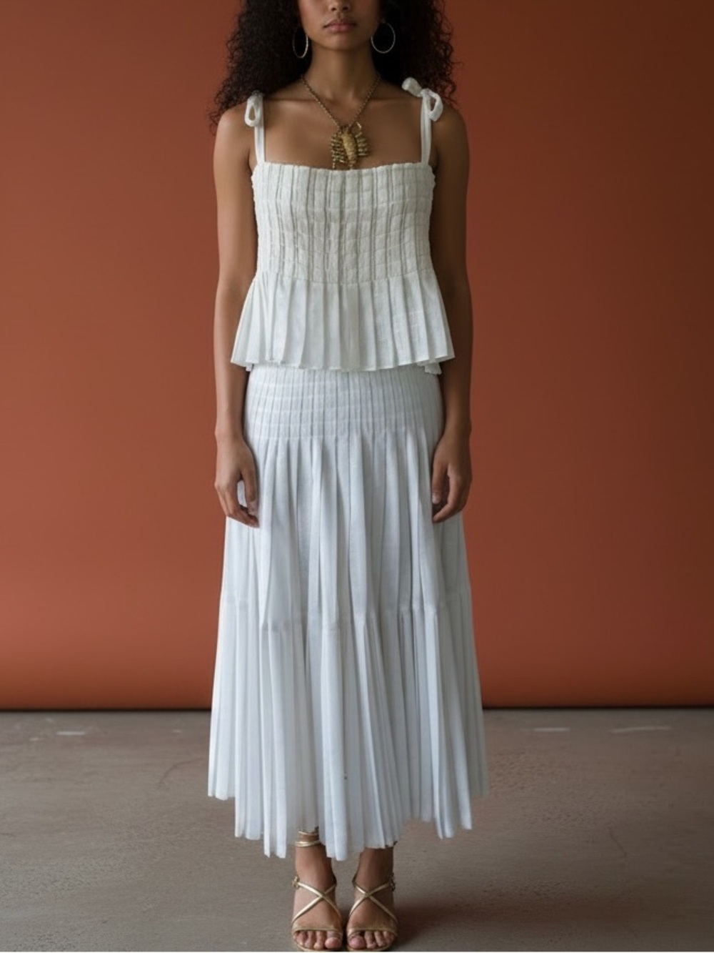 Vtg 70s White Gauze Pleated Skirt Set Sz 8 Tank 2pc Midi Boho Peasant Smocked